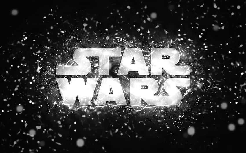 Logo bianco Star Wars, luci al neon bianche, creativo, astratto nero, logo Star Wars, marchi, Star Wars Sfondo HD