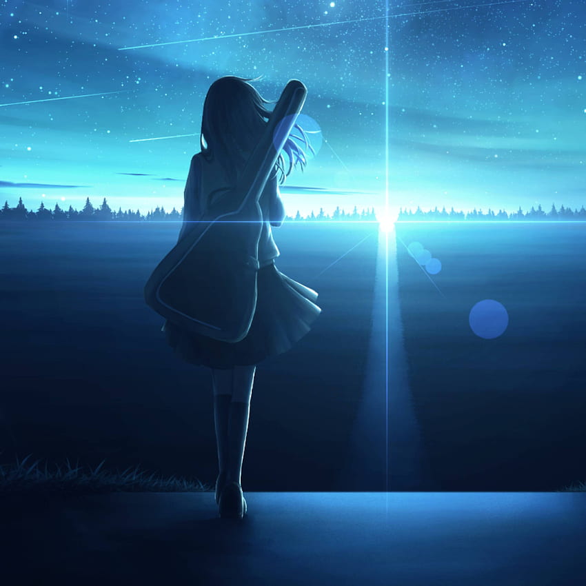 Garota de anime solitária na tela de retina do iPad Pro ao pôr do sol, anime, e plano de fundo, arte solitária Papel de parede de celular HD