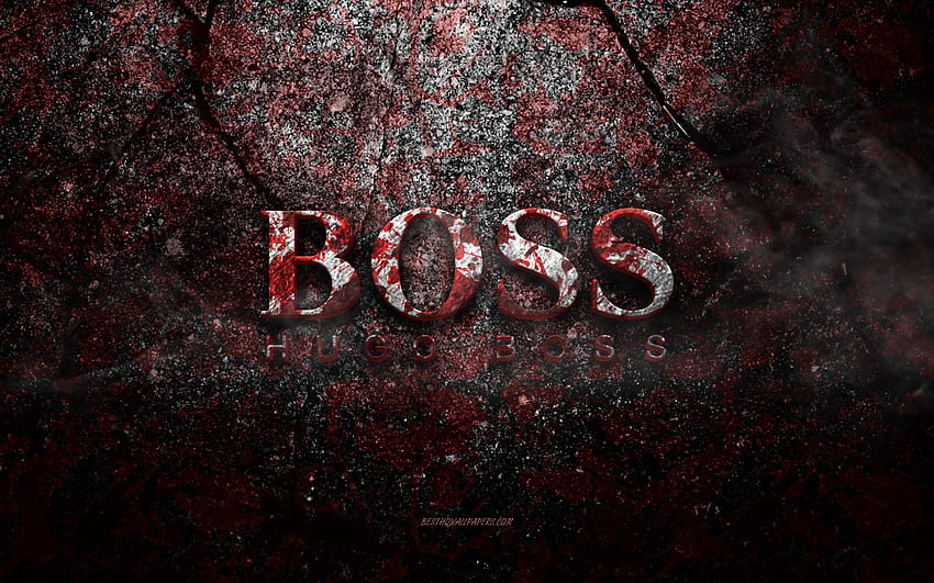 Logo Hugo Boss, art grunge, logo de pierre Hugo Boss, texture de pierre rouge, Hugo Boss, texture de pierre grunge, emblème Hugo Boss, logo Hugo Boss 3d Fond d'écran HD