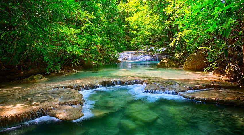 น้ำตกในป่า แม่น้ำ สีเขียว ต้นไม้ น้ำตก สวย ลากูน ป่า วอลล์เปเปอร์ HD