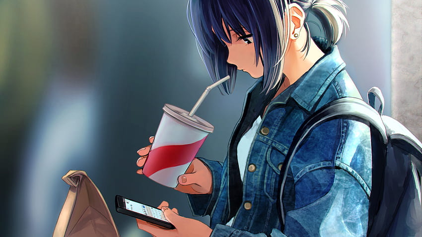 Anime Girl, Drinking, Smartphone, Slice Of Life, Slice of Life Anime HD wallpaper