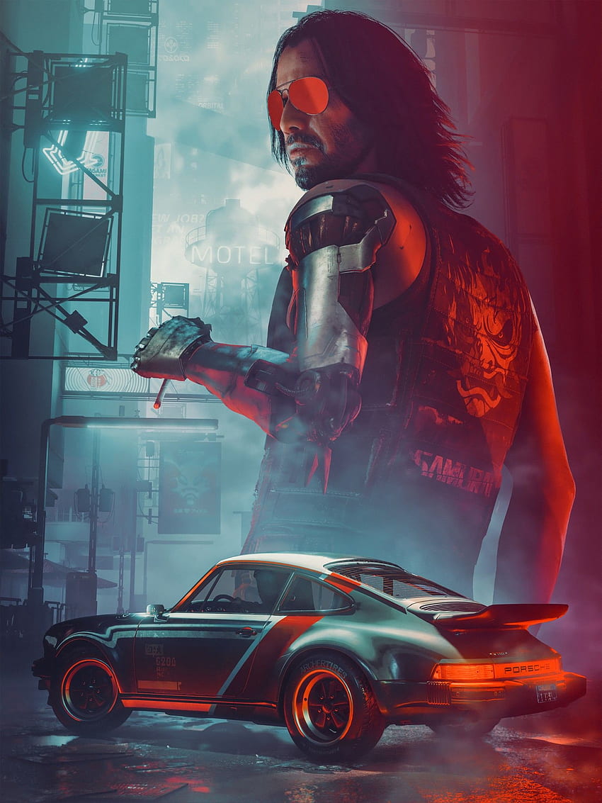 Johnny Silverhand , Cyberpunk 2077, Keanu Reeves, Game Art, 팬 아트, Porsche 911 Turbo, 게임 HD 전화 배경 화면