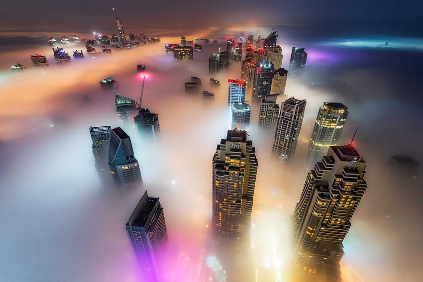 Noite Nevoeiro Edifício Aéreo Arranha-céu Feito pelo Homem Dubai Cidades Emirados Árabes Unidos papel de parede HD