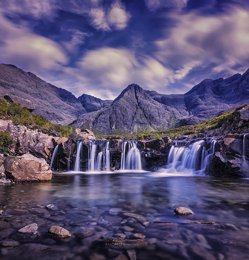 Natur, Steine, Himmel, Großbritannien, Wasserfall, Vereinigtes Königreich, Skye HD-Handy-Hintergrundbild