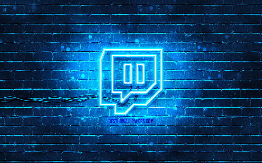 Logotipo azul de Twitch, pared de ladrillo azul, logotipo de Twitch, redes sociales, logotipo de neón de Twitch, Twitch para con resolución. Alta calidad fondo de pantalla