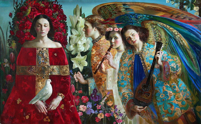 :), red, girl, angel, olga suvorova, woman, wings, art, bird, instrument, painting, pictura, flower HD wallpaper