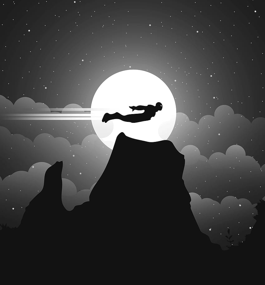 Noc, lot, człowiek z żelaza, bw, ilustracja Tapeta na telefon HD