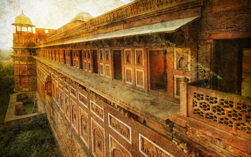 temple wall r, turret, temple, wall, r, bricks, vegetation HD wallpaper