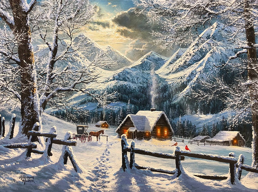 Snowy Morning、丸太小屋、冬、馬、鳥、日光、アートワーク、コーチ、絵画、雪、フェンス、雲、空、山、枢機卿 高画質の壁紙