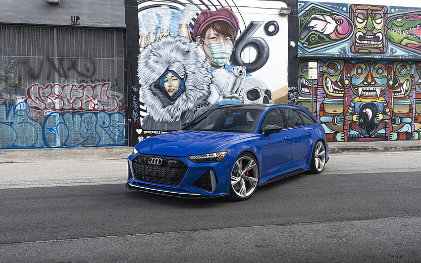 Audi RS6 Avant ปี 2021 มุมมองด้านหน้า ภายนอก รถสเตชั่นแวกอนสีน้ำเงิน ใหม่ RS6 Avant สีน้ำเงิน รถเยอรมัน ออดี้ วอลล์เปเปอร์ HD