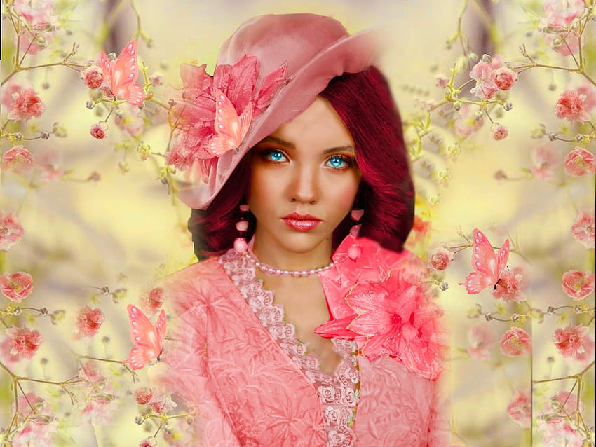 Perfectly Pink Ladies 16, girl, flowers, dress, hat, colorful, vibrant, butterflies, pink, vivid, yellow, bright, bold HD wallpaper