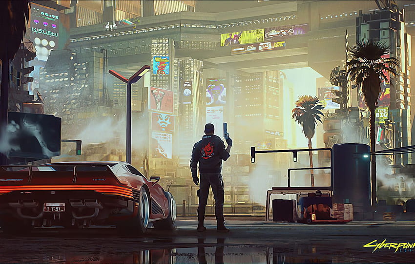 Wallpaper Girl, The city, The game, Rain, Art, Cyborg, CD Projekt