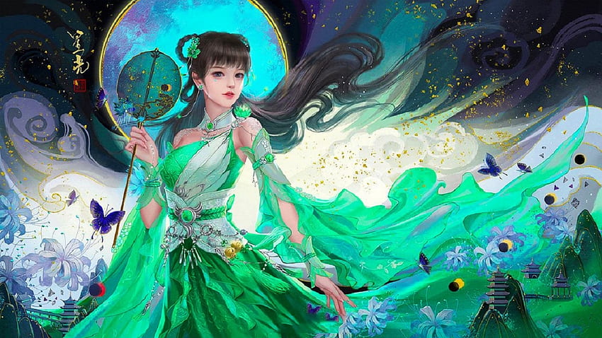 Aqua Fantasy, asian, art, , aqua, girl, beautiful, woman, digital, fantasy, green, fa HD wallpaper