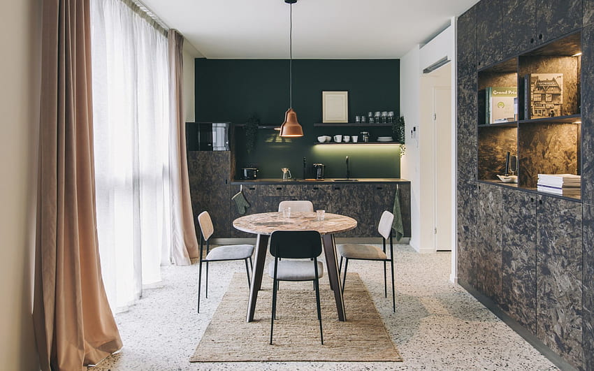 stylish interior design, kitchens, white walls and black furniture, modern interior design, kitchen, minimal, kitchen idea HD wallpaper