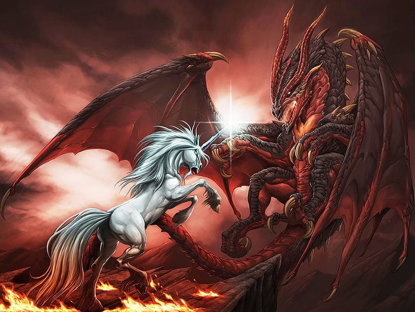 Epic battle, fantasy, battle, red, dragon, unicorn, epic, fire HD wallpaper