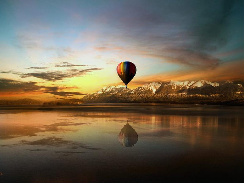 Where Time Stands Still, blue, colorful, colors, hot air balloon, reflection, organge, still, sunset, sunsets, lake, summer, purple, time, green, yellow, red, sky, clear HD wallpaper