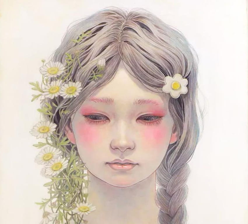 Daisy, miho hirano, asian, art, girl, fantasy, portrait, flower, face, luminos HD wallpaper