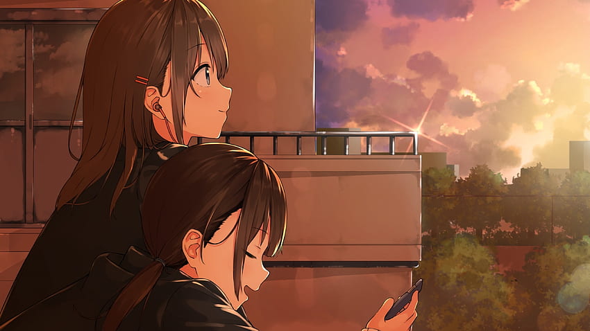 Anime School Girls, Sunset, Building, Relaxing, Ponytail for U TV HD wallpaper