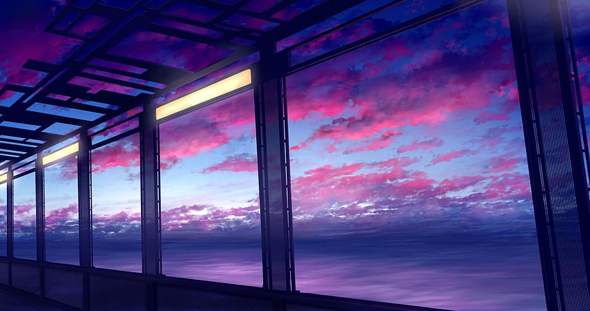 Лилав аниме пейзаж, син и розов пейзаж HD тапет