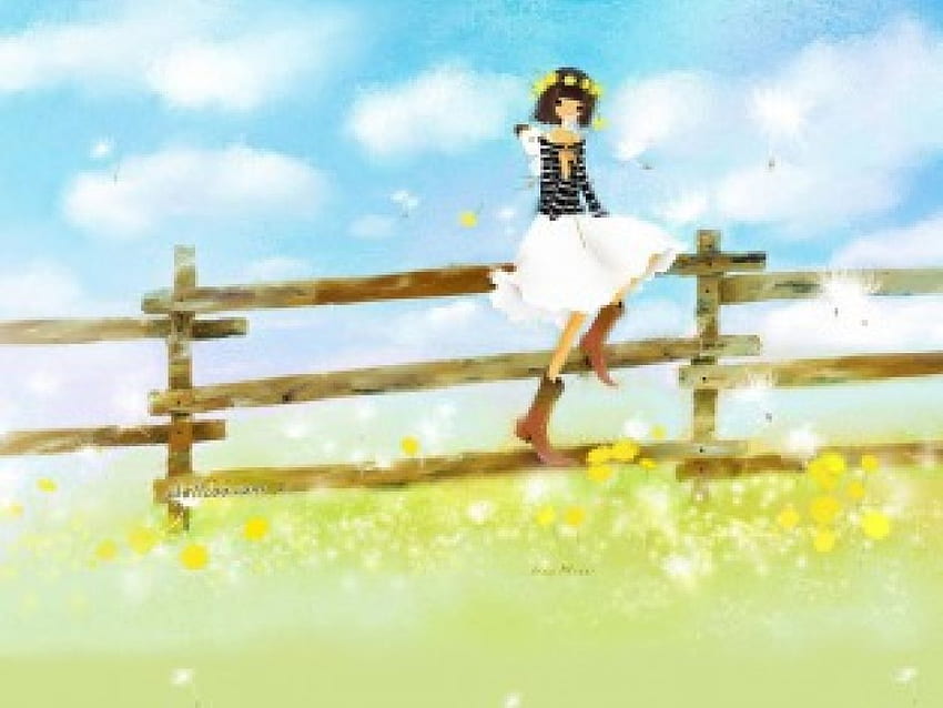 Smell A Flower, lady, field, fence, clouds, flowers, pasture HD wallpaper