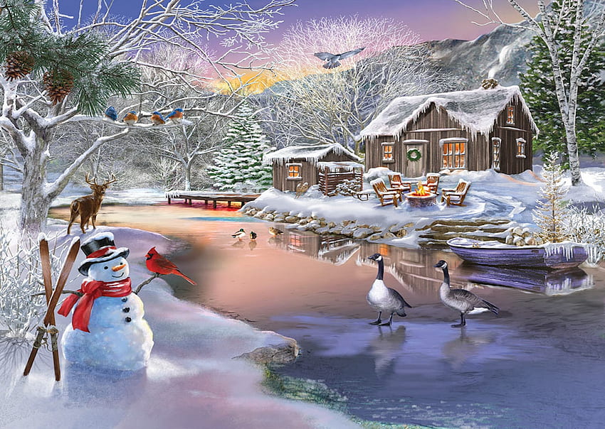 Une maison au bord de la rivière, cabane, glace, rivière, hiver, oiseaux, gelé, cerf, chaises, bonhomme de neige, neige, feu, cardinal, pommes de pin Fond d'écran HD
