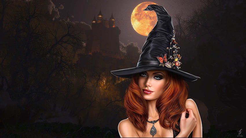 Sorcière d'Halloween, art, fille, femme, sorcière, halloween, numérique, jolie, fantaisie Fond d'écran HD