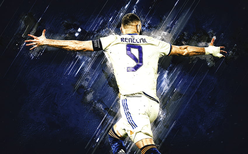 Karim Benzema, Real Madryt, francuski piłkarz, niebieskie kamienne tło, Benzema Real Madryt, piłka nożna, La Liga, Hiszpania Tapeta HD