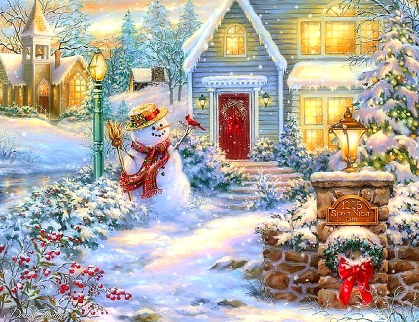 Silent Night Lane, winter, holidays, New Year, attractions in dreams, wreathes, paintings, houses, snowman, love four seasons, Christmas, snow, xmas and new year HD wallpaper