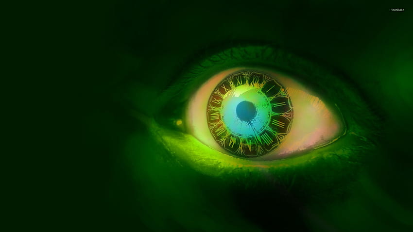 Clock in a green eye - Digital Art HD wallpaper