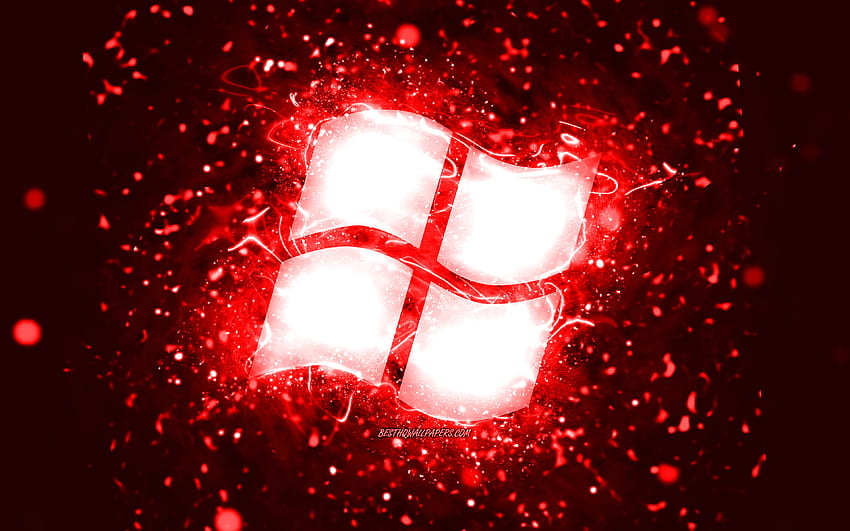 Logotipo vermelho do Windows, luzes neon vermelhas, criativo, fundo abstrato vermelho, logotipo do Windows, SO, Windows papel de parede HD