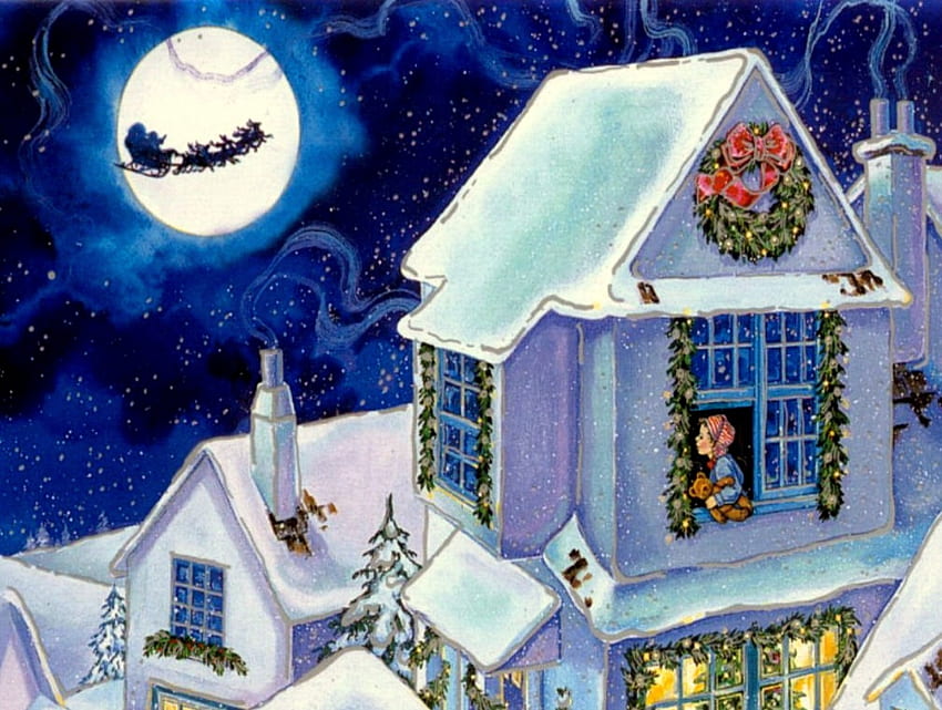 Auguri di Natale, notte, luna piena, finestra, casa, ragazza, ghirlanda, fiocchi di neve, slitta, luna, Babbo Natale, ghirlanda Sfondo HD