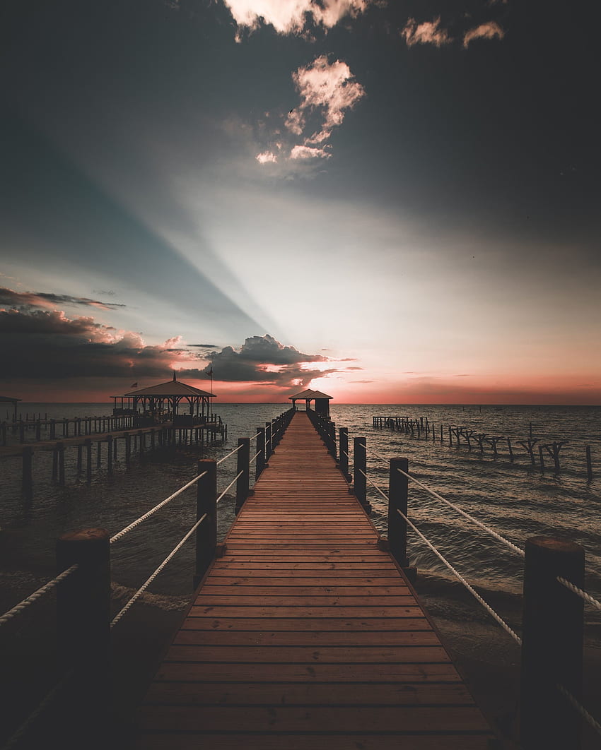 Sunset, skyline, sea, pier HD phone wallpaper