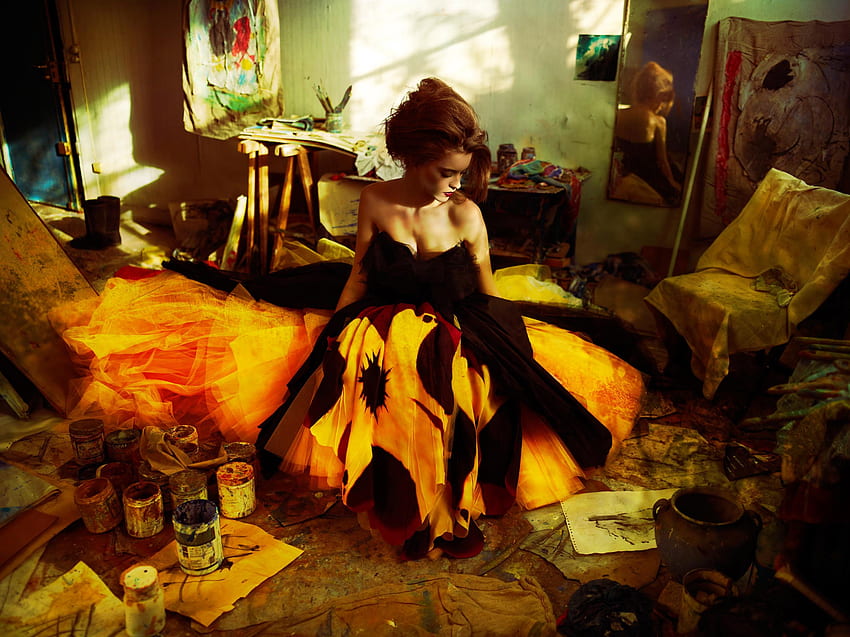 Death of a Painter, graphy, art, girl, beautiful, woman, rolande, fantasy, pretty, yellow, paint, gown HD wallpaper