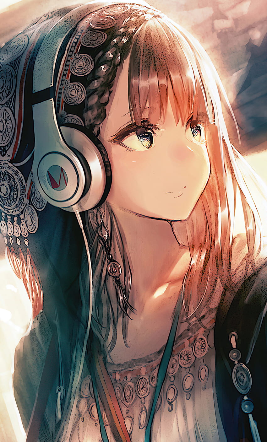 Anime-Mädchen-Kopfhörer, die iPhone, , Hintergrund und , Mädchen mit Kopfhörern wegsehen HD-Handy-Hintergrundbild