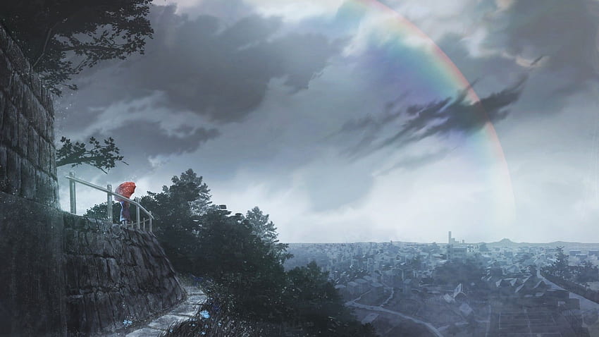 Anime Landscape, Rainbow, Raining, Dark Anime Landscape HD wallpaper