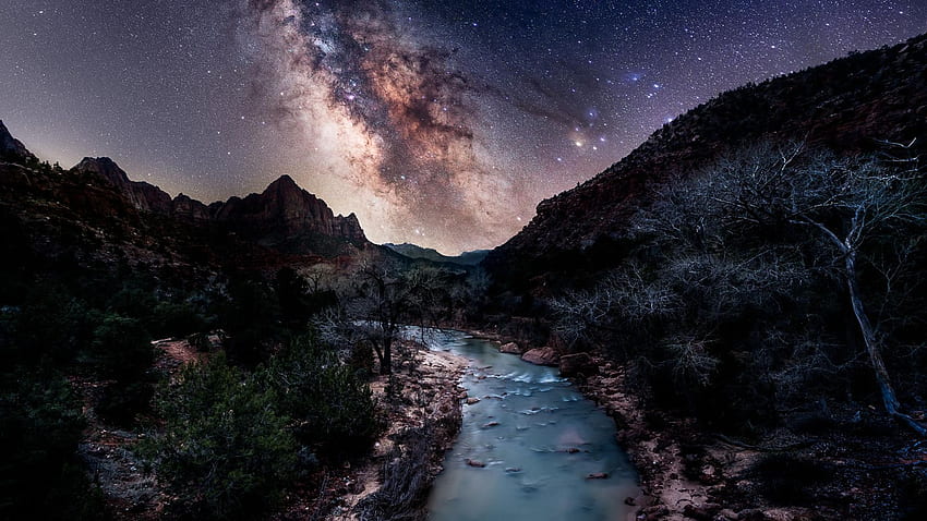 Национален парк Млечен път над Зайон, Юта, нощ, река, звезди, планини, САЩ, каньони HD тапет