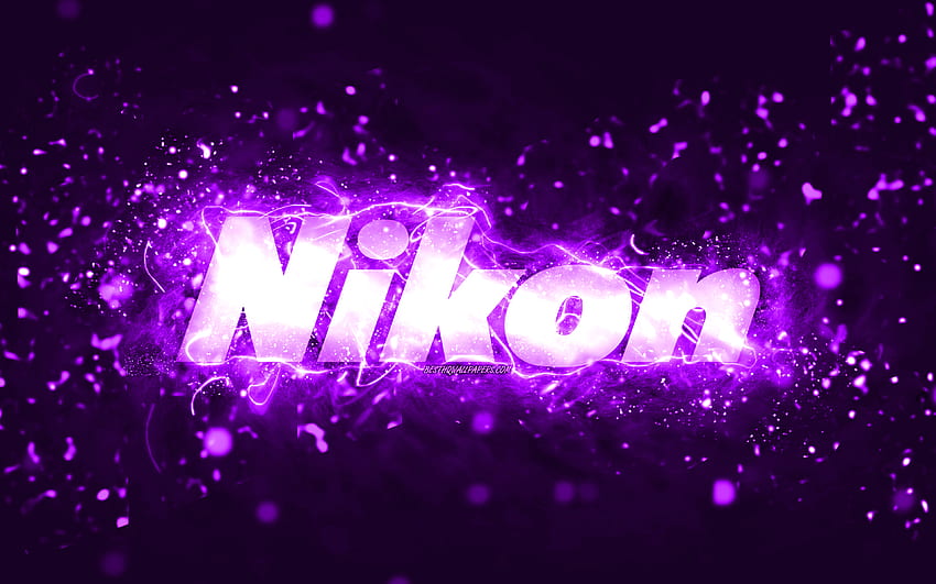 Logo viola Nikon, luci al neon viola, creativo, astratto viola, logo Nikon, marchi, Nikon Sfondo HD