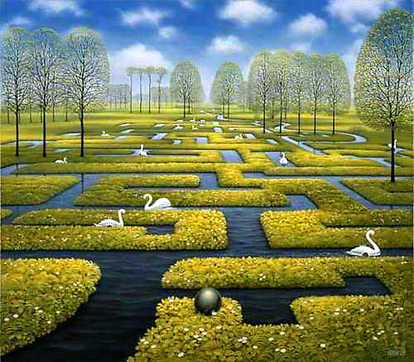 Labyrinth, blue sky, swans, clouds, trees, water HD wallpaper