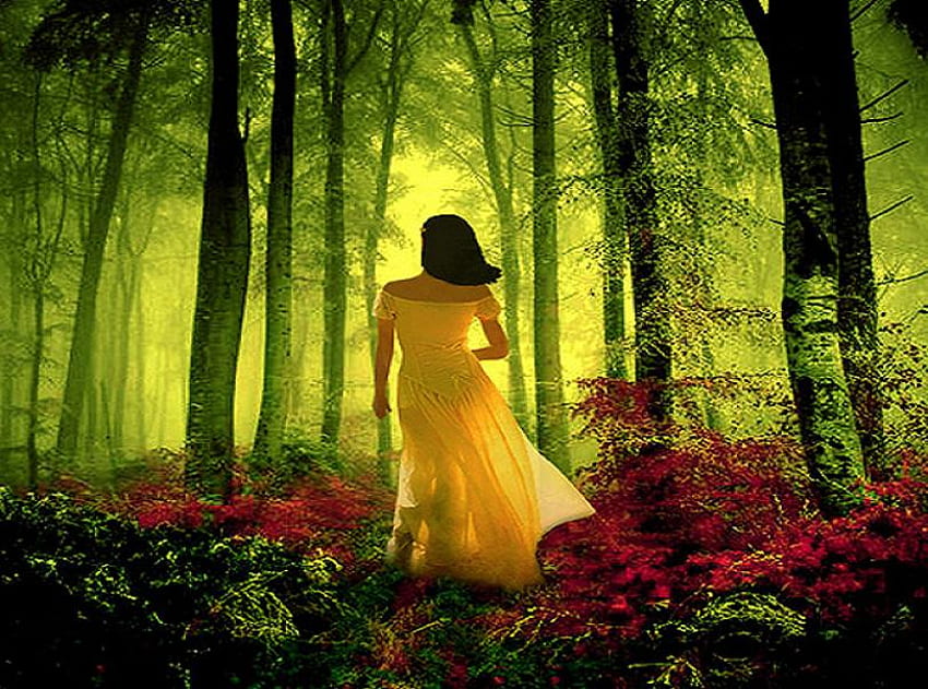 Жълтата рокля, слънчева светлина, зелена светлина, жълта рокля, дървета, червени цветя, гора, жена HD тапет