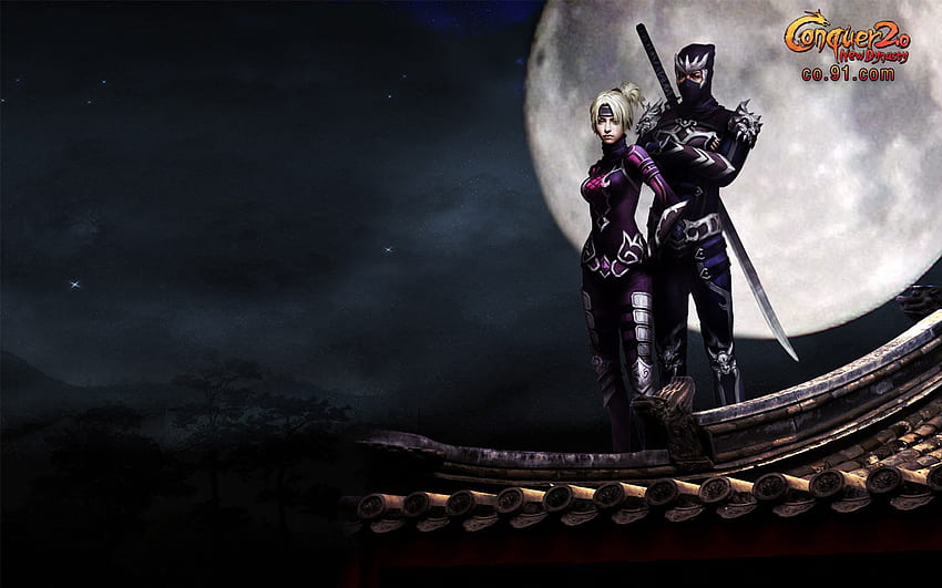 silent assassins, night, roof, moon, ninja HD wallpaper