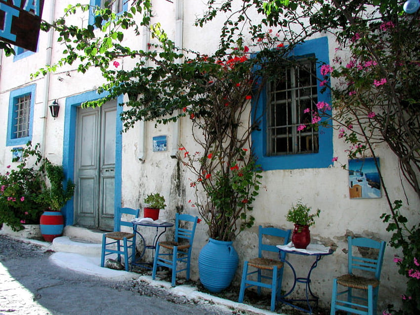 สีขาวและสีน้ำเงิน สีฟ้า ทะเล กรีซ สีขาว บ้าน ดอกไม้ คอส วอลล์เปเปอร์ HD