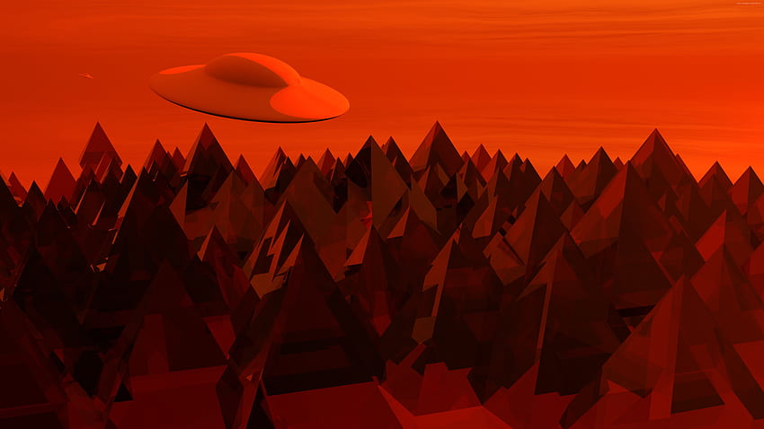 piring terbang, Pegunungan, Langit merah / Wallpaper HD