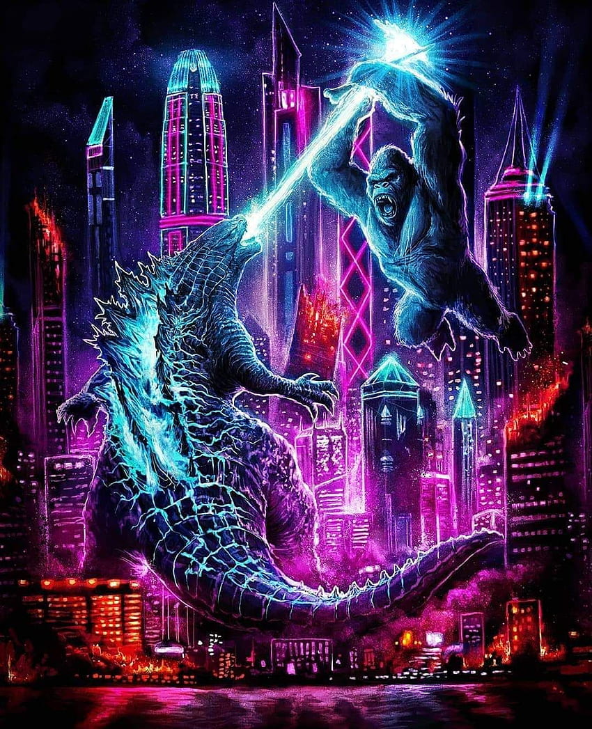 Godzilla vs Kong neón, arte, mundo fondo de pantalla del teléfono