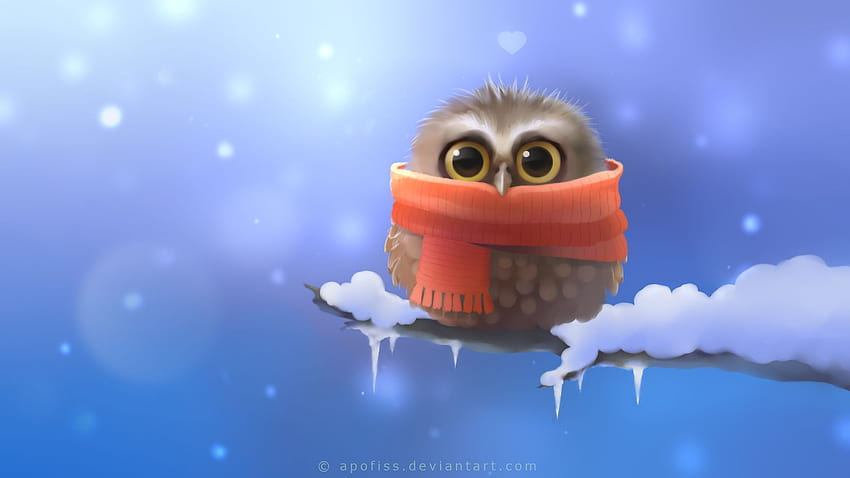 Owl Bird Snow Winter Drawing Scarf cartoon cute eyes pov HD wallpaper