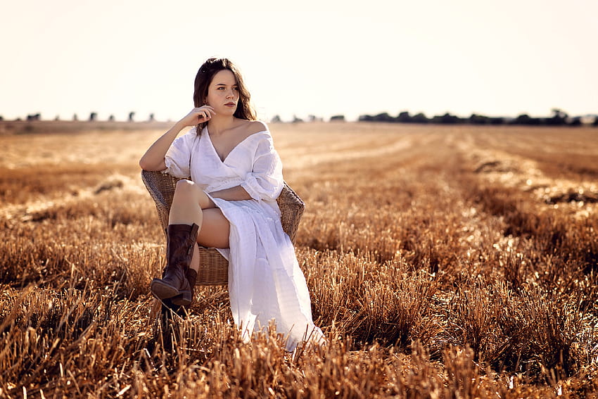 Cowgirl Paula relaxing in a field of wheat, model, cowgirl, dress, field, brunette HD wallpaper