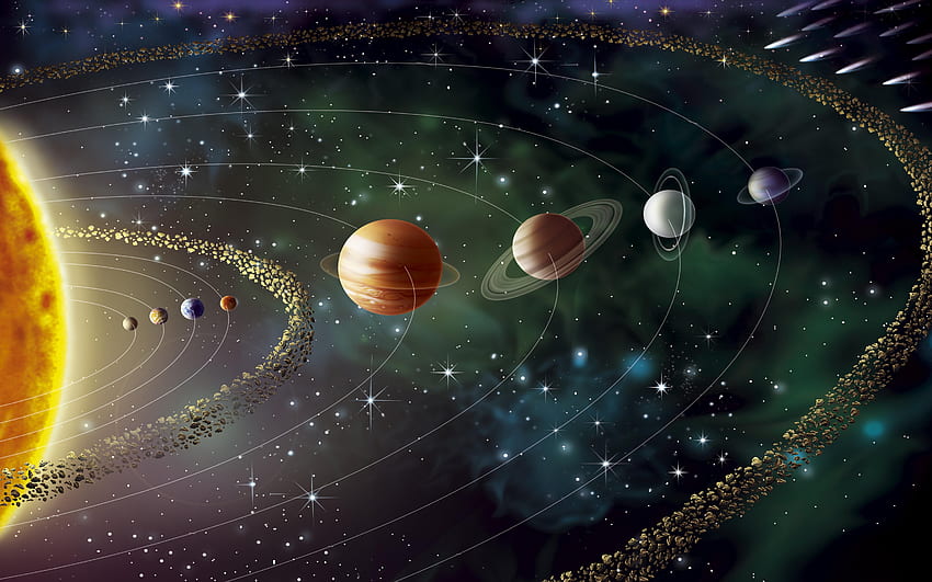 ระบบสุริยะกับดาวเคราะห์ ดาวพุธ ดาวศุกร์ โลก ดาวอังคาร แถบดาวเคราะห์น้อย ดาวพฤหัสบดี ดาวเสาร์ ดาวยูเรนัส ดาวเนปจูน และดาวพลูตัน วอลล์เปเปอร์ HD