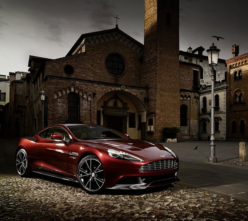 Aston Martin rosso, aston martin, auto, rosso, chiesa Sfondo HD