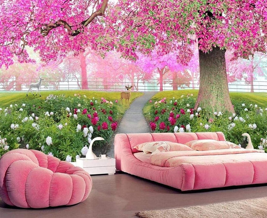 3D 벽화 아름다운 벚꽃 산책로 엘크 장식 침실 거실 Tv 배경 벽 벽화 350cm × 250cm HD 월페이퍼