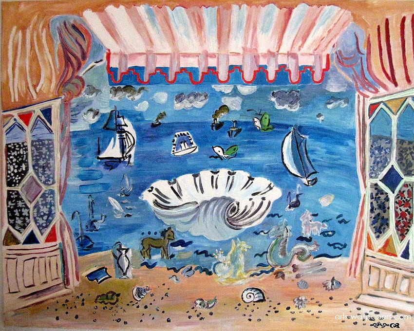 Raoul Dufy, Seascape with Seashells (litografía). Raoul dufy, Pinturas clásicas, Arte fondo de pantalla