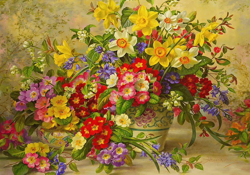 Wiosenne kwiaty, kolorowy, bukiet, sztuka, wazon, piękny, wiosna, martwa natura, ładny, świeżość, kwiaty, śliczny Tapeta HD
